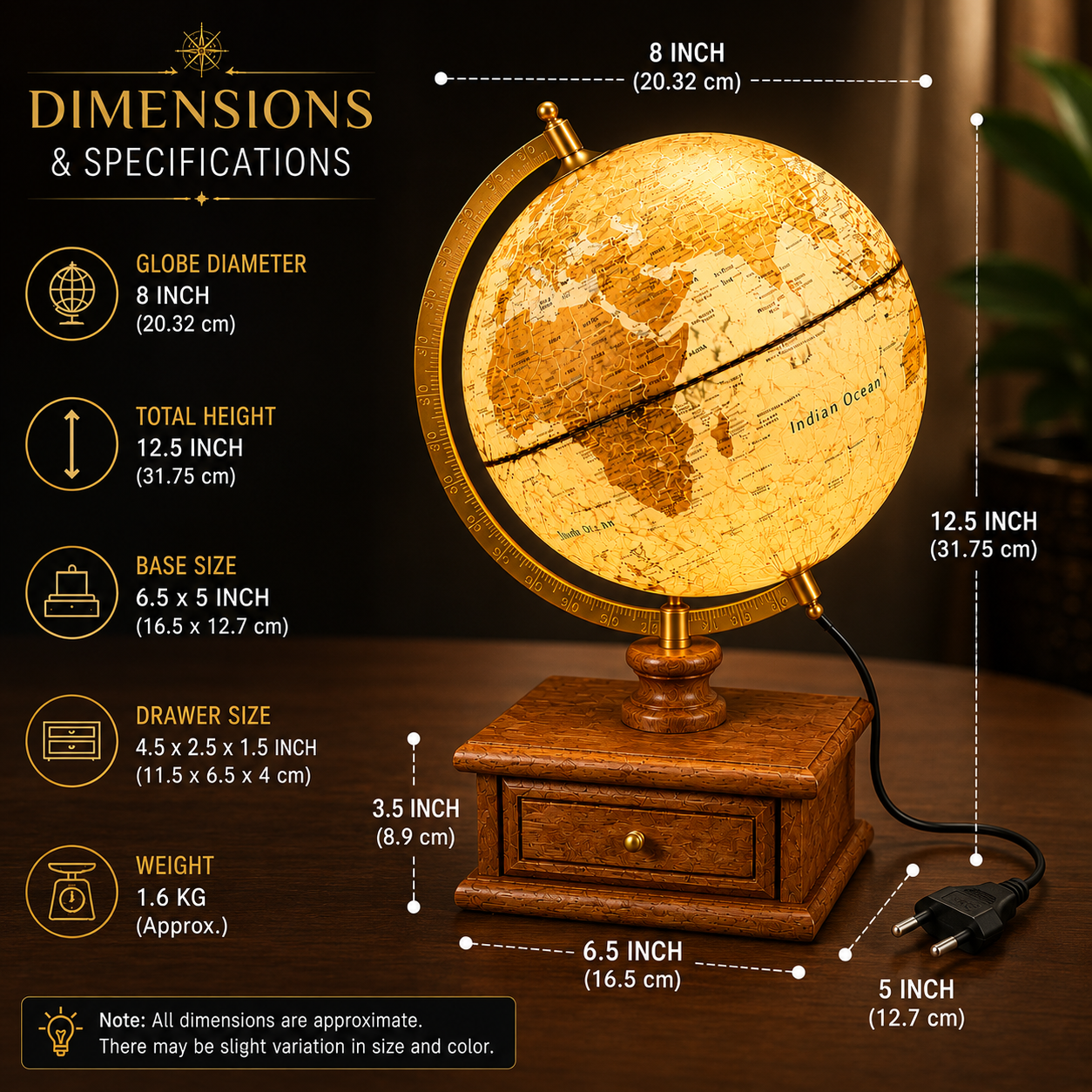 Illuminated Antique Gold World Globe with Wooden Drawer Base