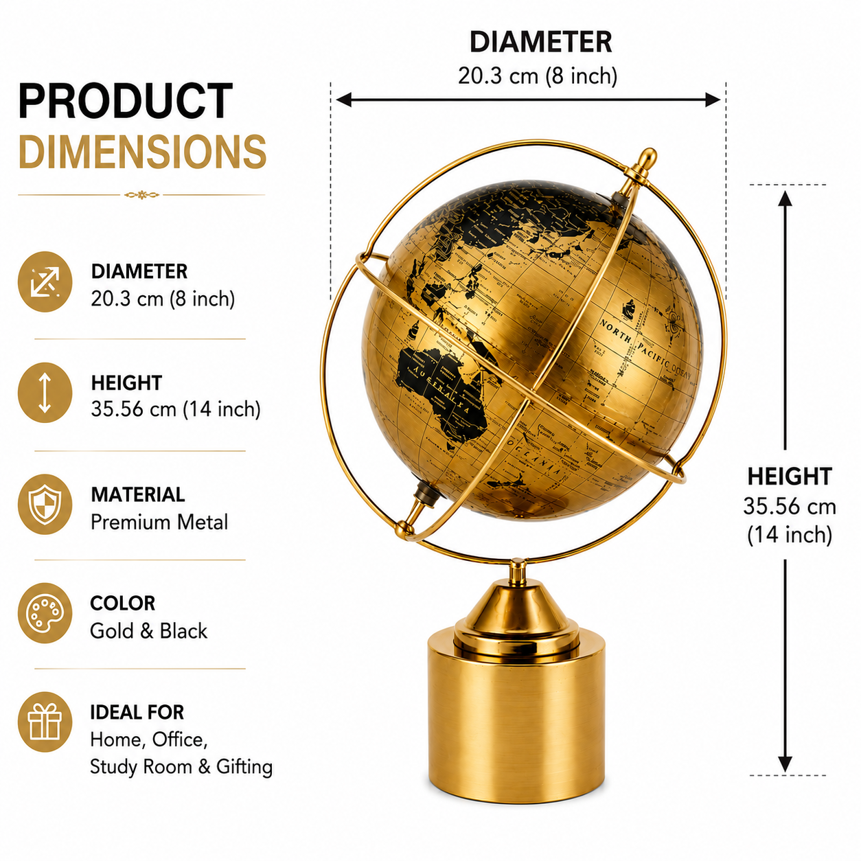 World Globe with Gold Ring and Metal Cylinder Base