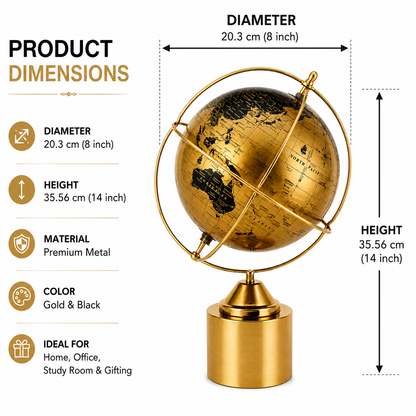 World Globe with Gold Ring and Metal Cylinder Base