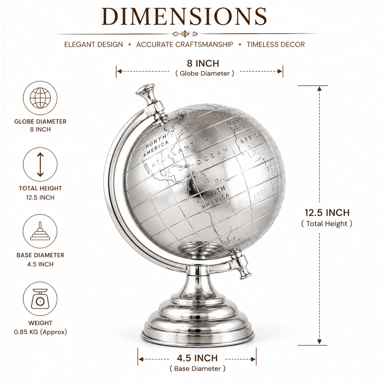 Elegant Silver World Globe | Rotating Desktop Globe for Home, Office, Library & Study Room