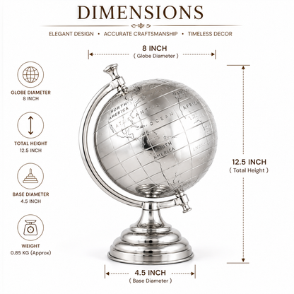 Elegant Silver World Globe | Rotating Desktop Globe for Home, Office, Library & Study Room