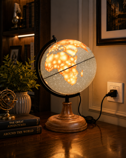 Illuminated Amber Glow World Globe with Wooden Base – LED Light Decorative Table Globe