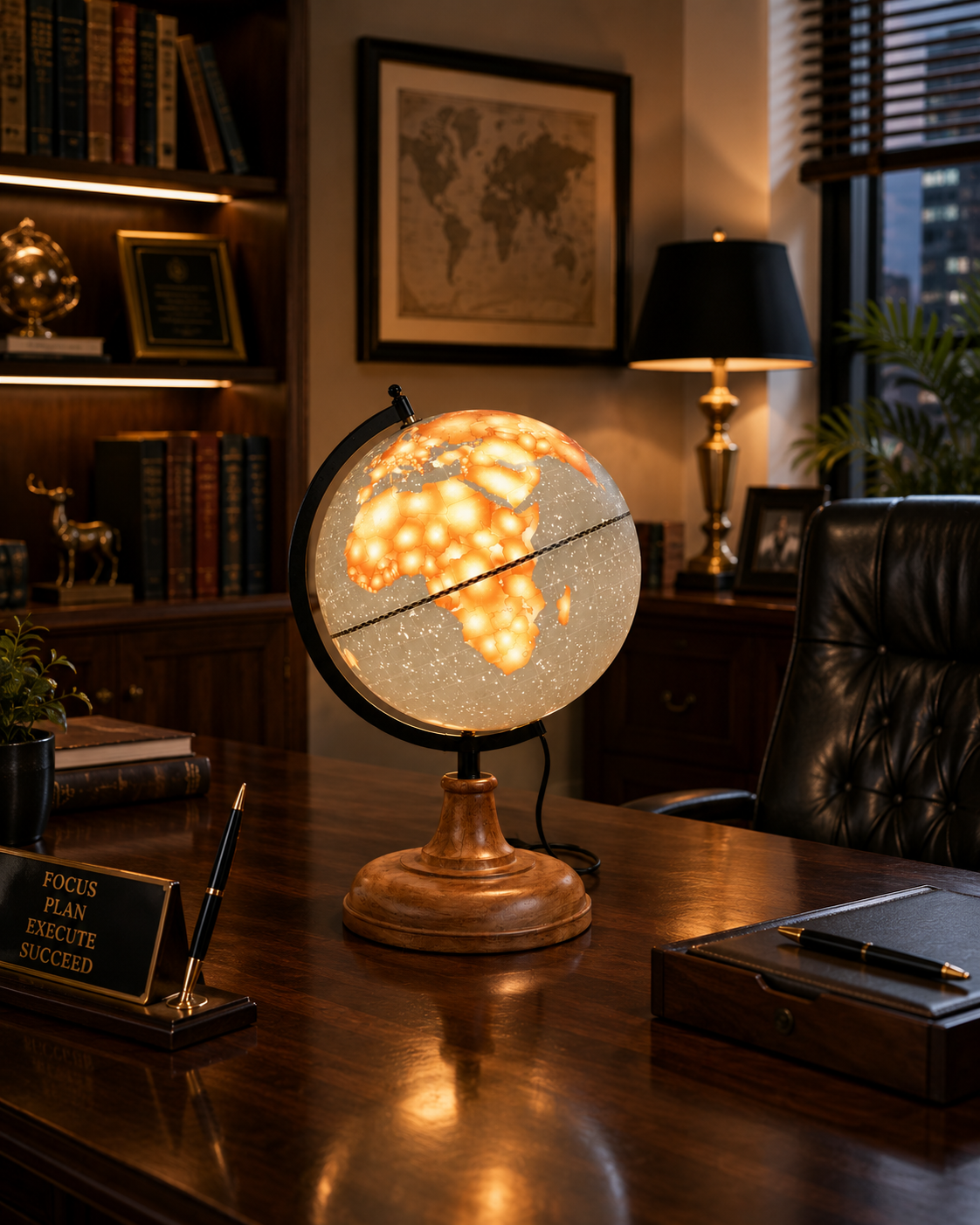 Illuminated Amber Glow World Globe with Wooden Base – LED Light Decorative Table Globe