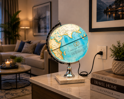 Ocean Blue Political World Globe with Chrome Meridian and White Marble Base