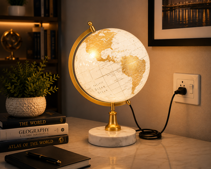 White and Gold Illuminated World Globe with Gold Meridian and Marble Base