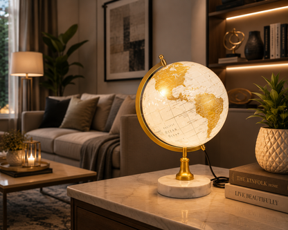 White and Gold Illuminated World Globe with Gold Meridian and Marble Base
