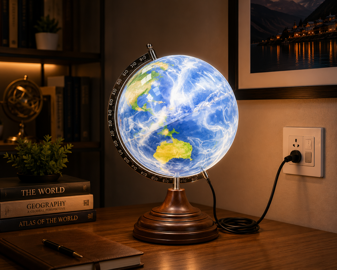World Globe with Deep Ocean Blue Texture and Walnut Wooden Base