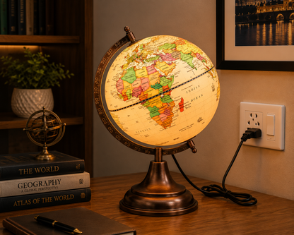 Political World Globe with Antique Copper Meridian and BaseAntique Globe