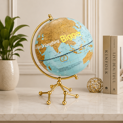 Sky Blue and Vintage Gold World Globe with Gold Designer Base