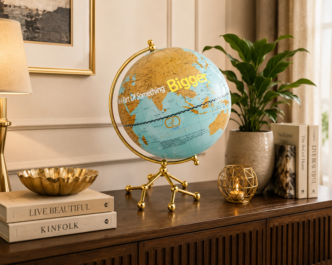 Sky Blue and Vintage Gold World Globe with Gold Designer Base