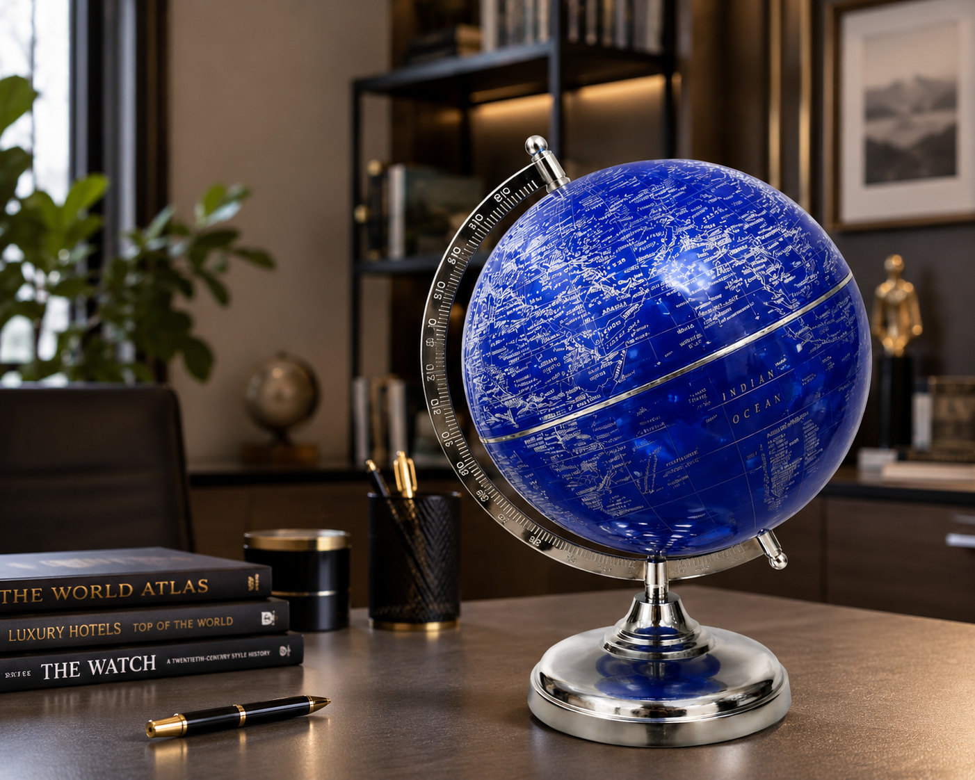 Blue World Globe with Silver Map Detailing and Chrome Stand