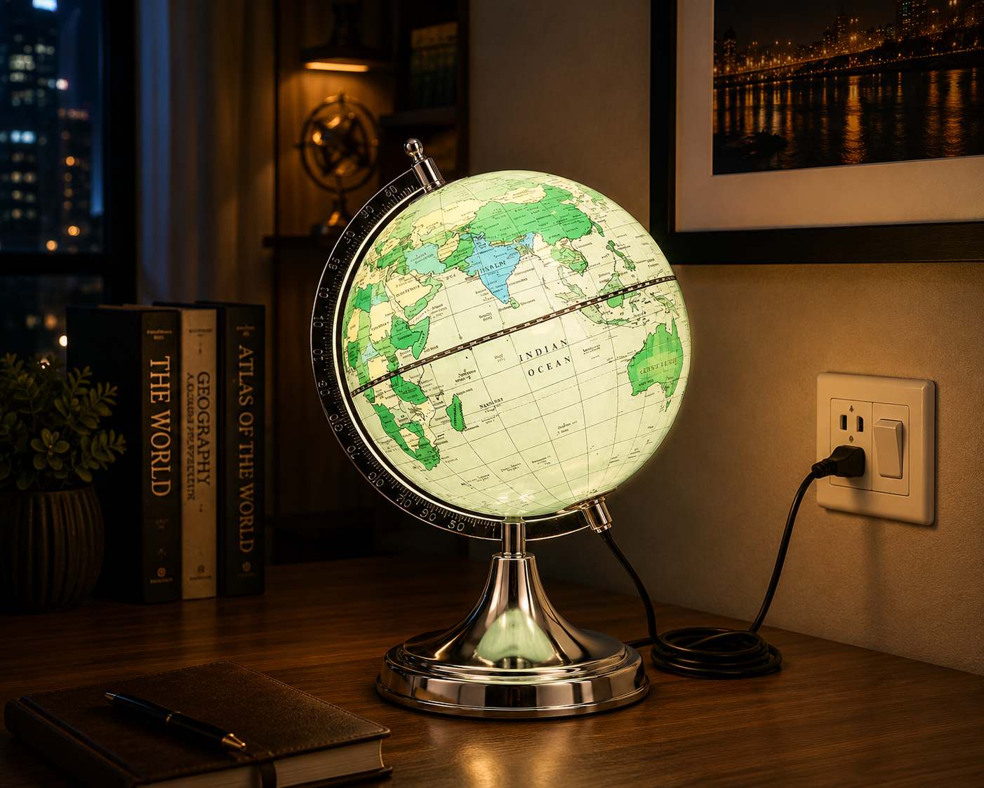Modern Silver LED World Globe with Chrome Stand – Illuminated Educational Desk Globe