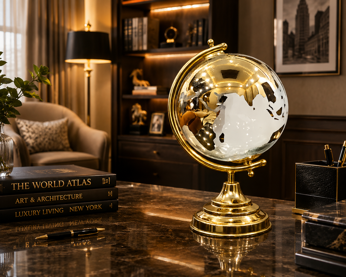 Luxury Metallic Gold & Silver Decorative World Globe with Gold Base Stand