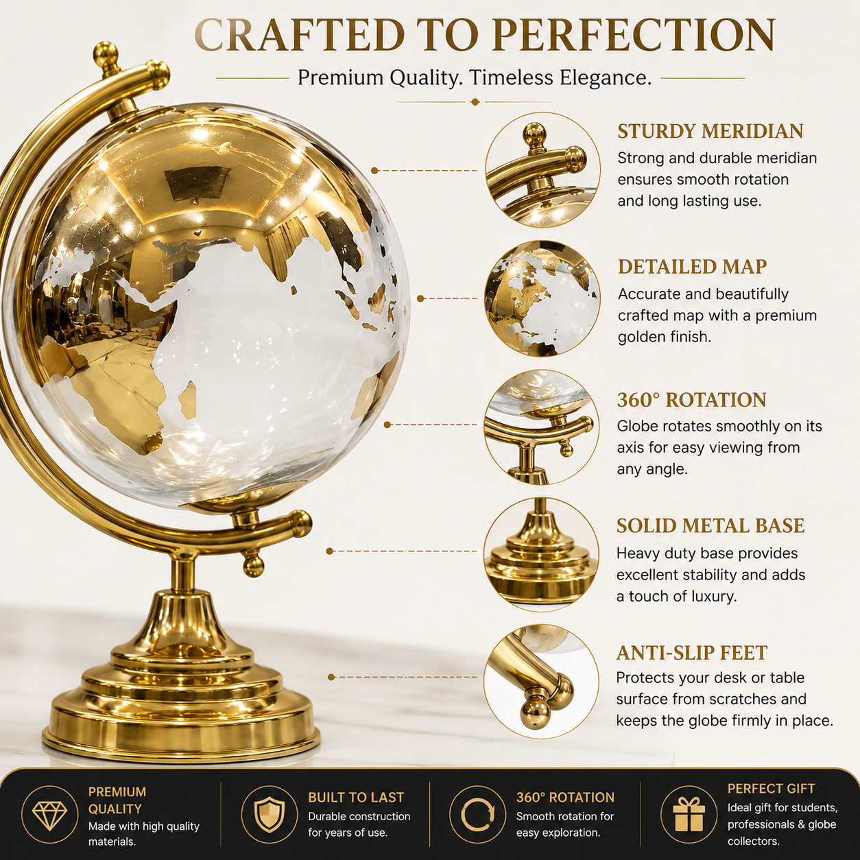 Luxury Metallic Gold & Silver Decorative World Globe with Gold Base Stand