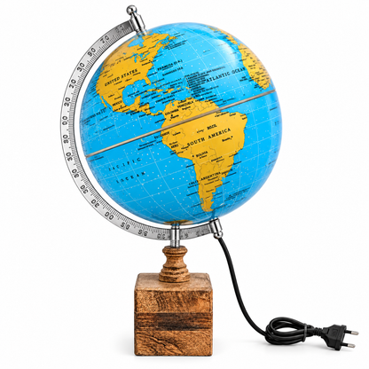 Premium Illuminated Blue World Globe with Wooden Base | LED Light Globe | Luxury Home & Office Desk Decor | Educational Globe