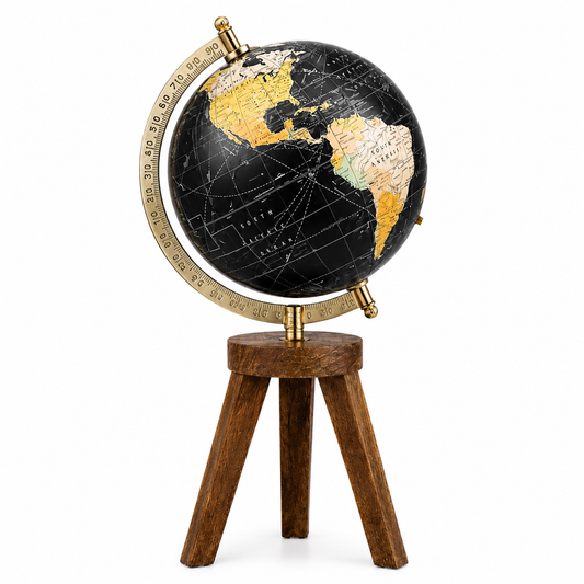 Premium Black & Gold World Globe with Wooden Tripod Stand | Luxury Home & Office Desk Decor | Educational & Decorative Gift