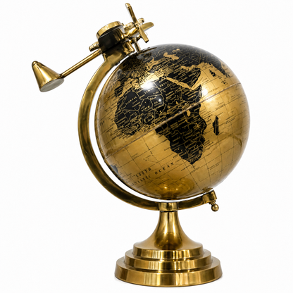 Gold Black World Globe 8 Inch with Golden Airplane Stand