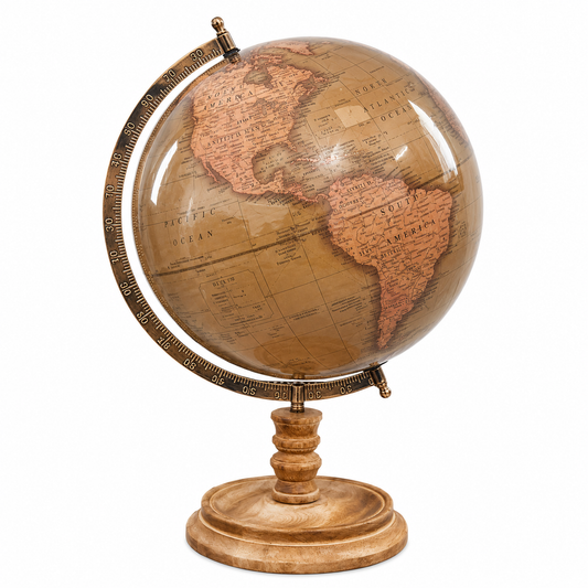 Vintage World Globe 12 Inch with Metal Arc and Wooden Stand