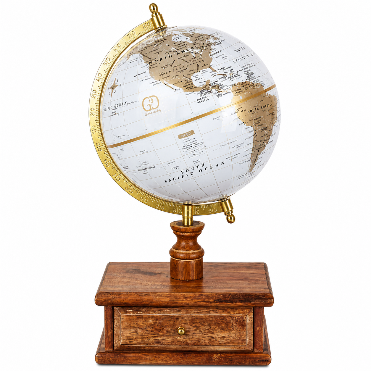 White Gold World Globe with Wooden Drawer Base
