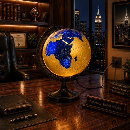 Illuminated Blue & Gold World Globe | LED Light Globe | Educational Desk Globe & Home Decor