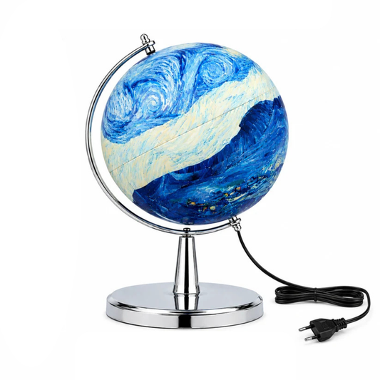 Artistic Blue Swirl Globe Lamp with Chrome Stand – Modern Decorative Table Globe Light