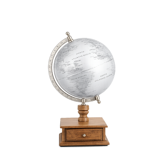 Premium Grey World Globe with Wooden Storage Base | Rotating Desktop Globe | Educational Globe for Home, Office & Study Room Decor