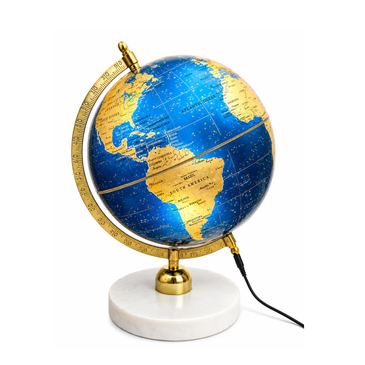 Premium Illuminated Blue &amp; Gold World Globe with Marble Base – Luxury LED Desk Globe