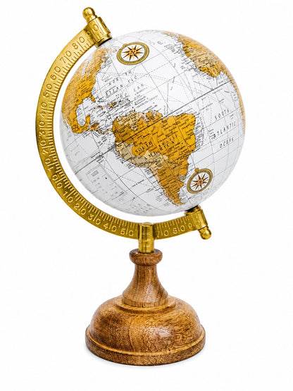 Premium White & Gold World Globe with Wooden Base | Luxury Desk Decor for Home & Office