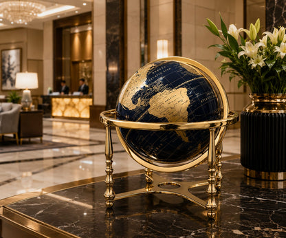 Midnight Blue World Globe with Antique Gold Metal Stand – Luxury Decorative Desk Globe
