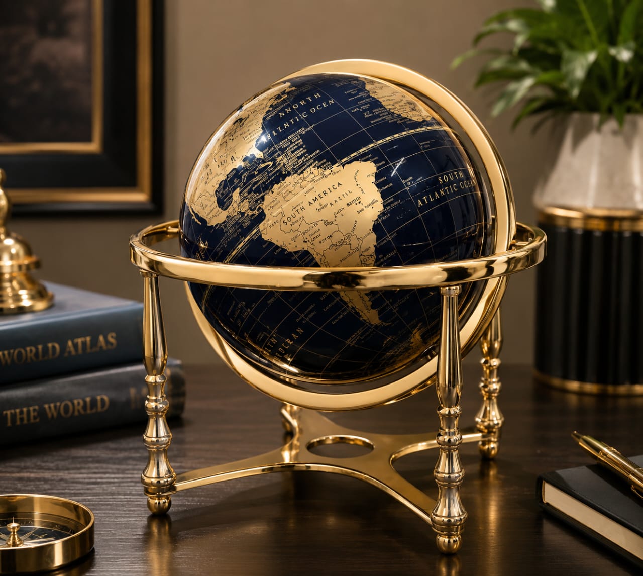 Midnight Blue World Globe with Antique Gold Metal Stand – Luxury Decorative Desk Globe