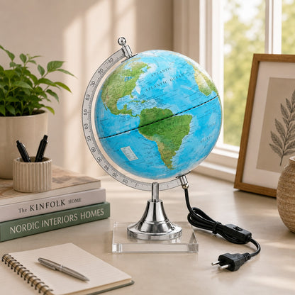 Illuminated Blue Political World Globe with Clear Base – Modern Desk Globe With Lamp
