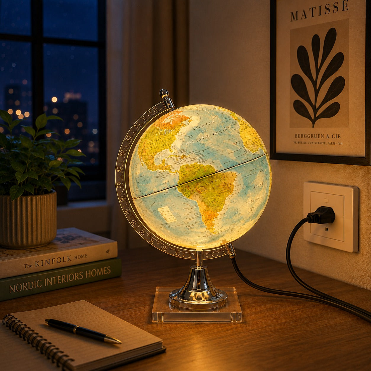 Illuminated Blue Political World Globe with Clear Base – Modern Desk Globe With Lamp