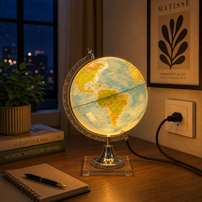 Illuminated Blue Political World Globe with Clear Base – Modern Desk Globe With Lamp