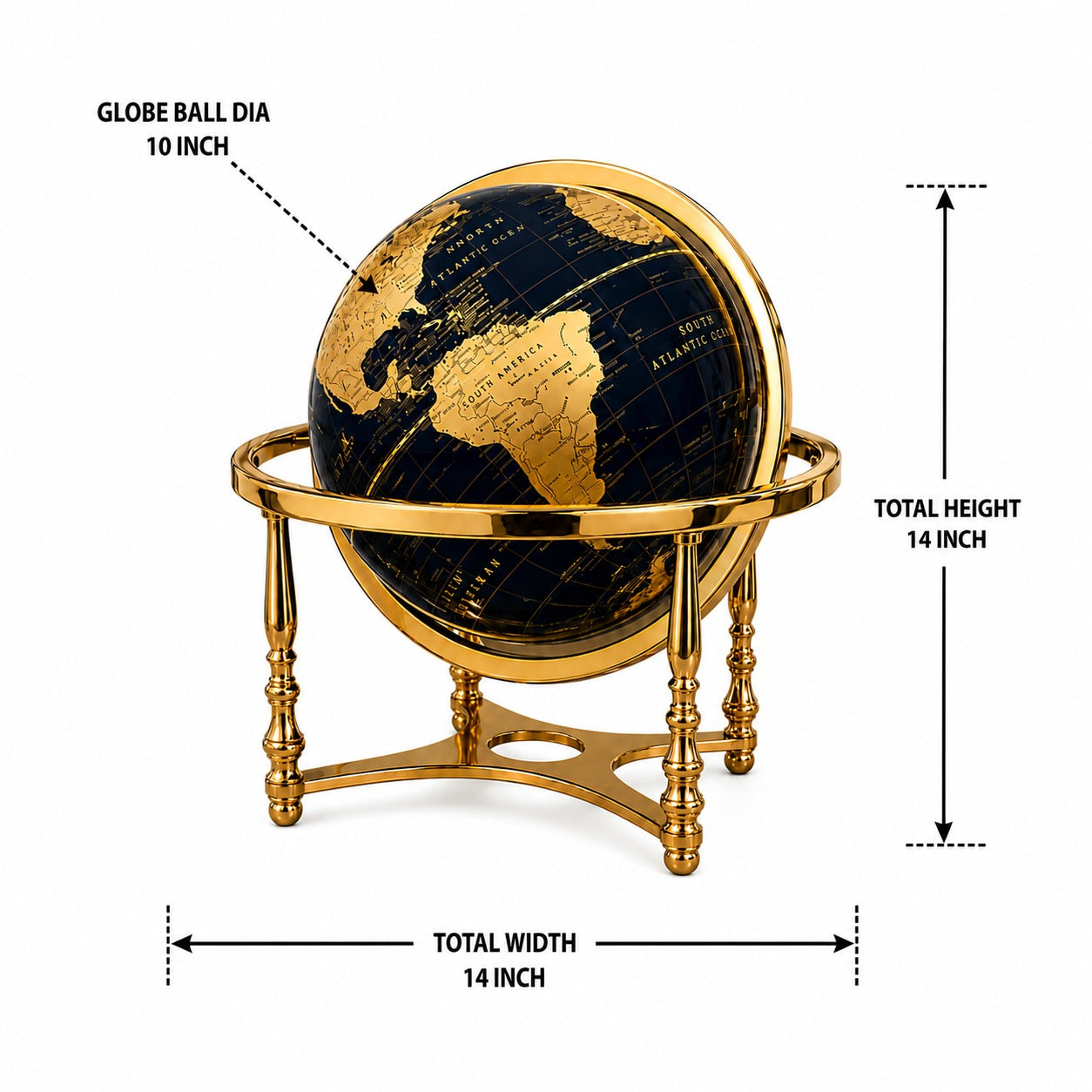 Midnight Blue World Globe with Antique Gold Metal Stand – Luxury Decorative Desk Globe