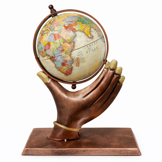 World Globe with Antique Bronze Hand Sculpture Base