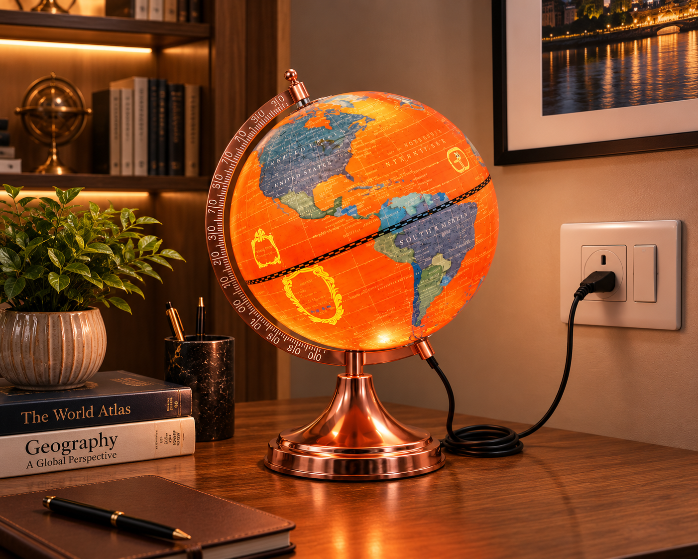 Illuminated Coral Orange World Globe with Rose Gold Stand
