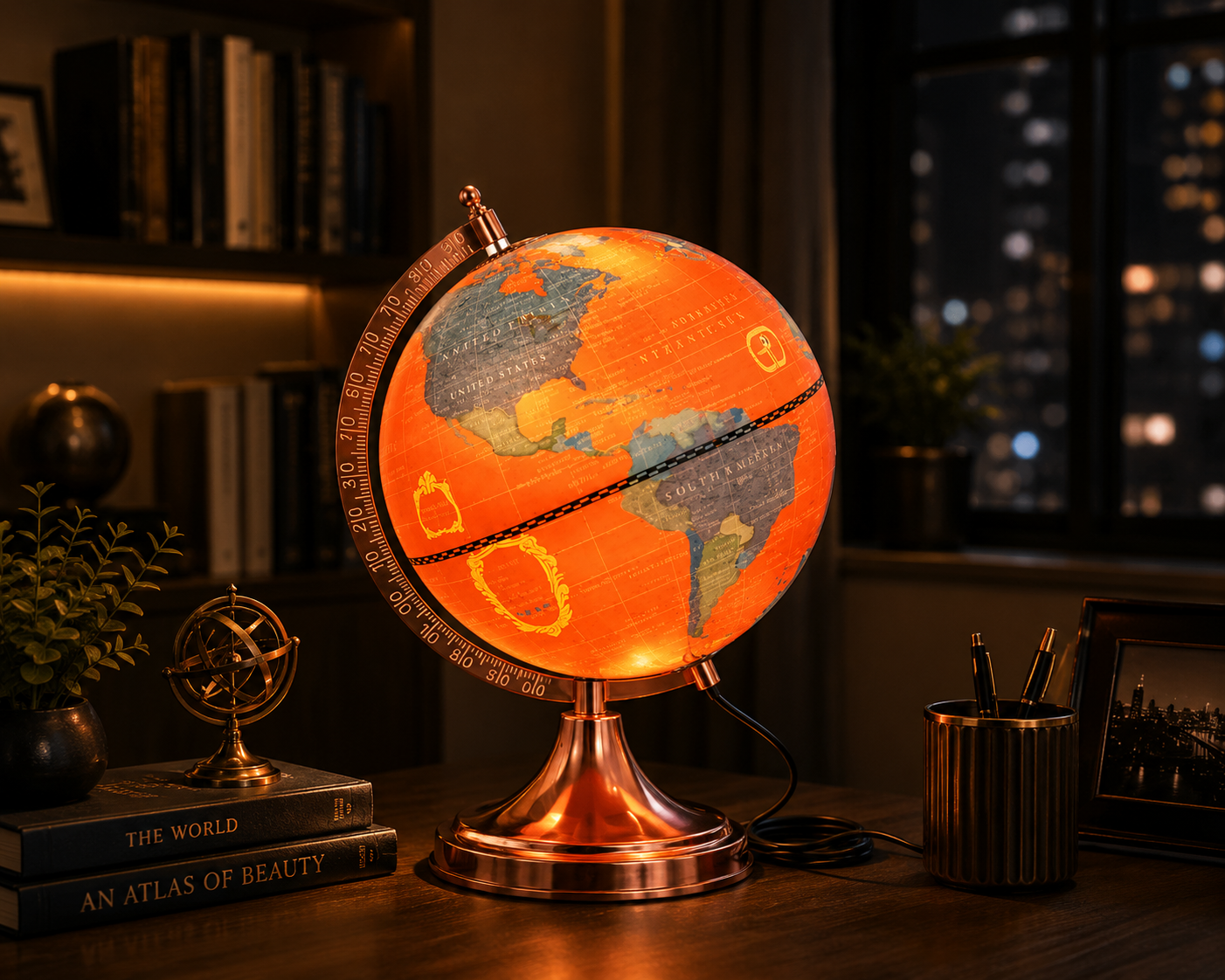 Illuminated Coral Orange World Globe with Rose Gold Stand