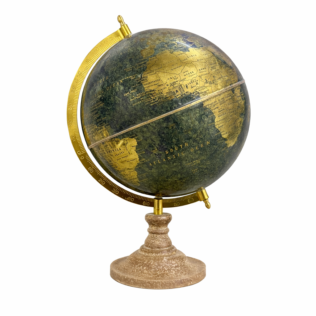 Antique Forest Green and Vintage Gold World Globe with Gold Meridian and Wooden Base
